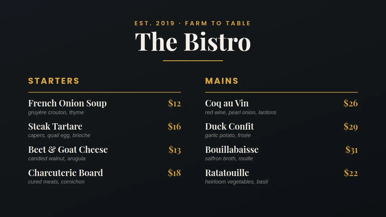 Bistro menu template rendered on a screen
