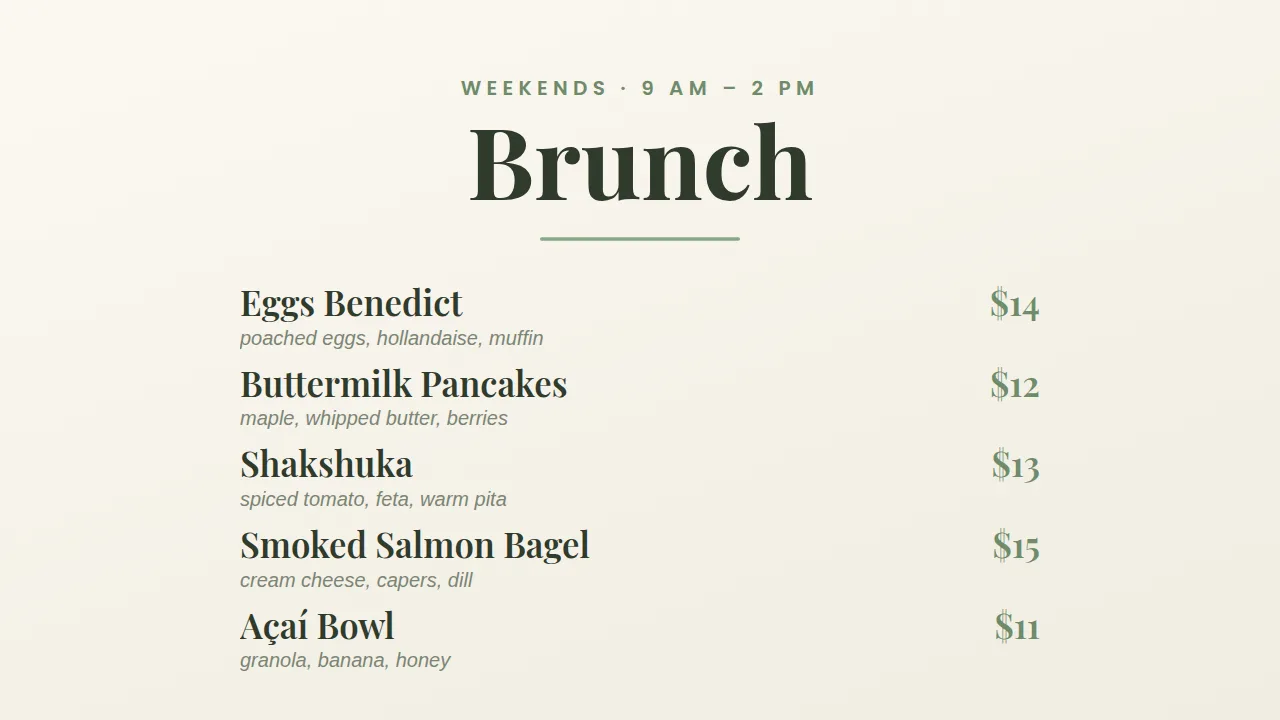 Brunch menu template rendered on a screen