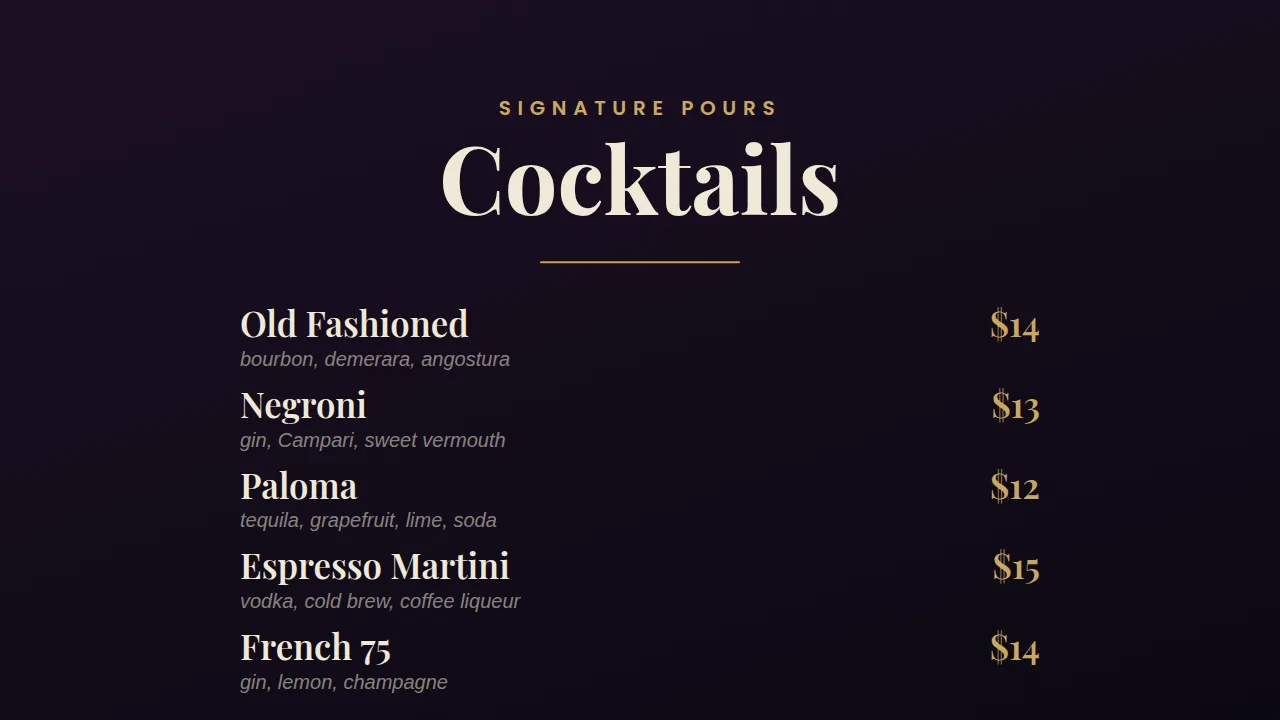 Cocktail menu template rendered on a screen