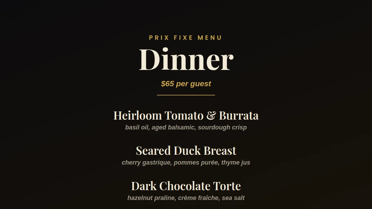 Fine dining template rendered on a screen