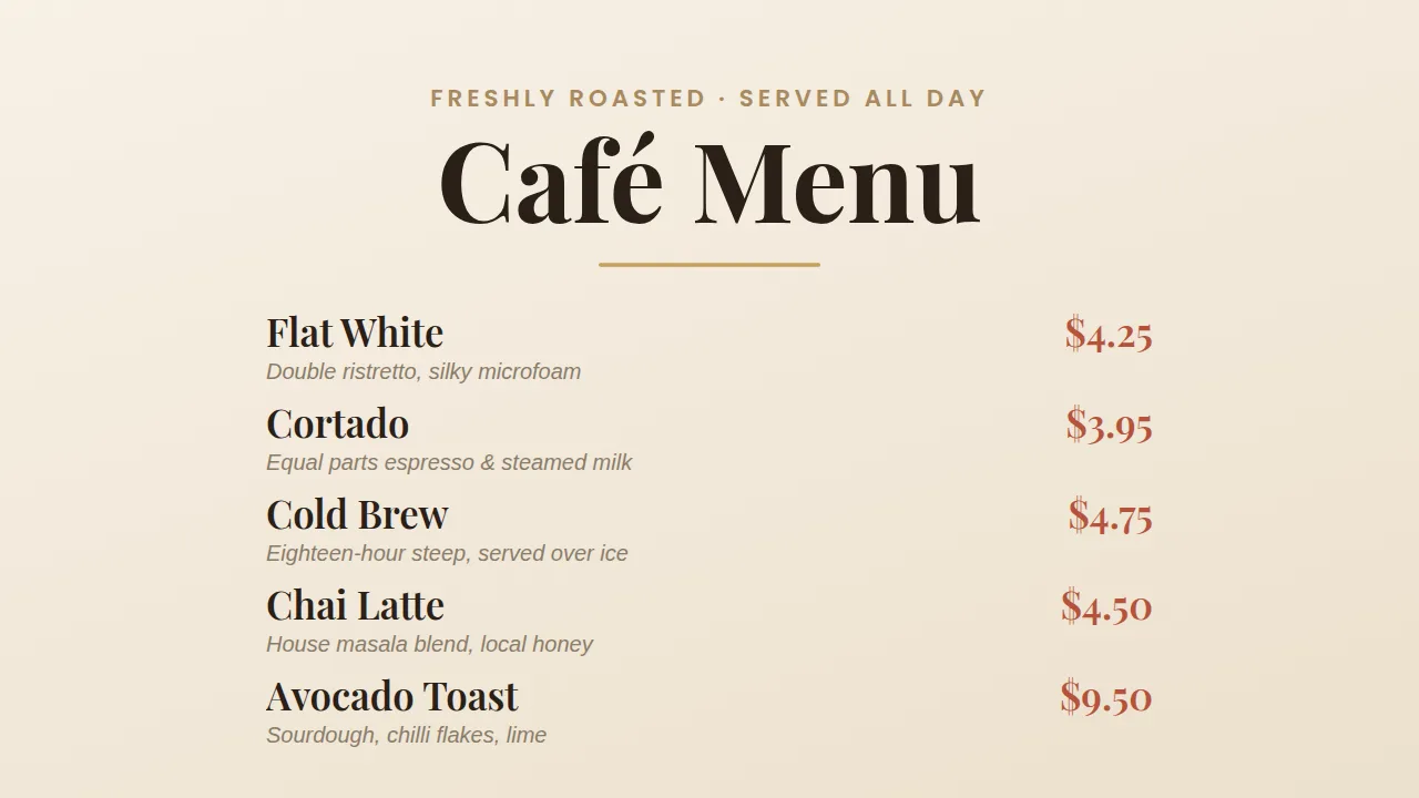 Café menu template rendered on a screen